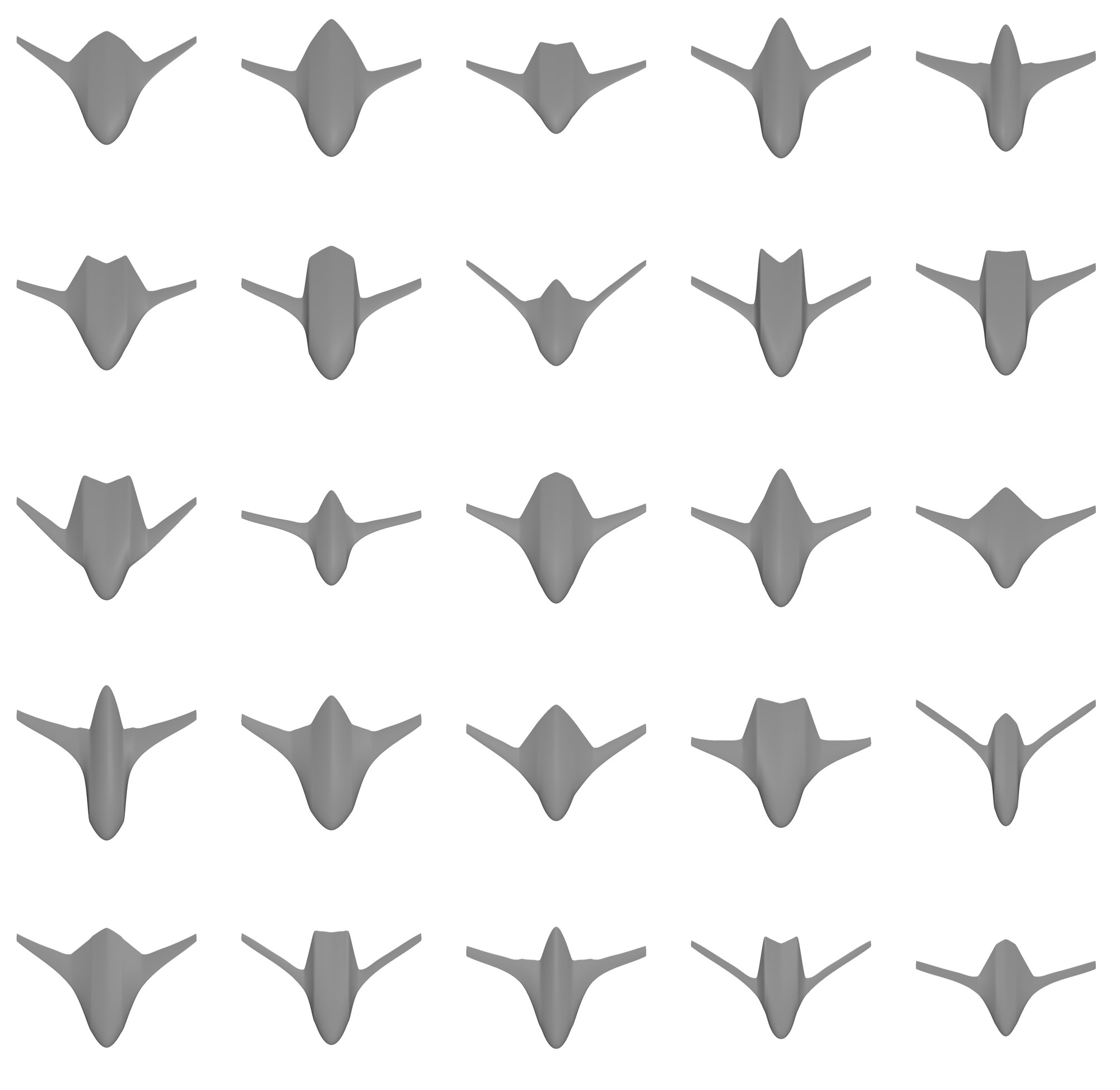 A 5-by-5 grid of blended wing body planforms illustrating the geometric diversity of the BlendedNet++ design space.