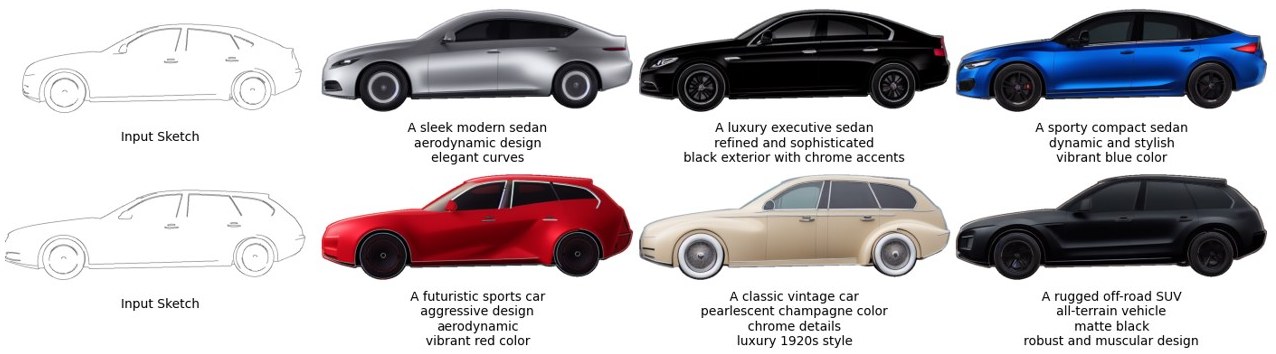 A hand-drawn sedan sketch and a hand-drawn estate sketch, each transformed into multiple photorealistic renderings following different text prompts.